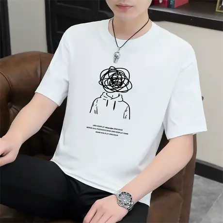 2023新款夏季圆领短袖T恤男潮流潮牌百搭打底衫休闲卡通白色体恤商品大图