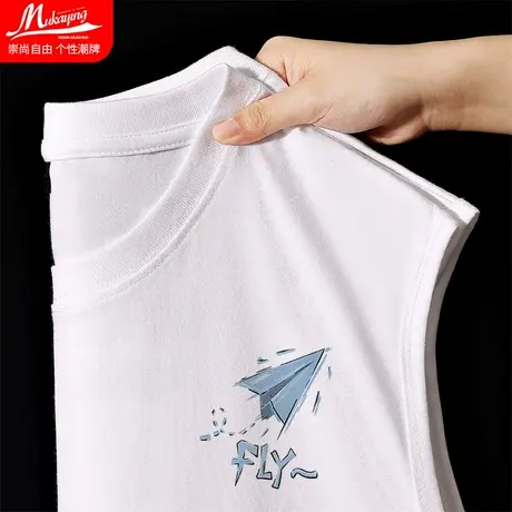 白色重磅背心男款夏季潮牌纯棉运动健身简约大码宽松无袖t恤坎肩商品大图
