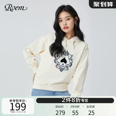 Roem扑克系列商场同款春秋T恤趣味韩版休闲宽松连帽白色卫衣女图片
