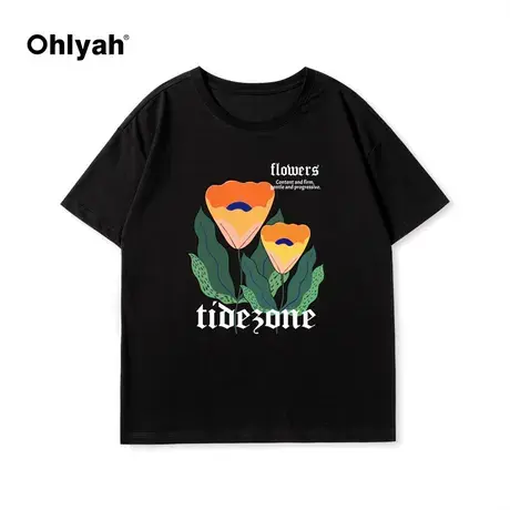 Ohlyah植物花卉字母橙色花朵字母印花短袖t恤女圆领宽松纯棉黑色商品大图