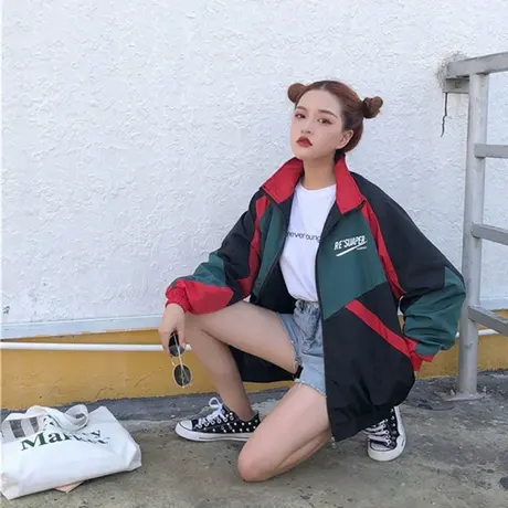 潮牌撞色嘻哈宽松风衣春秋情侣街舞运动开衫外套青年潮流冲锋上衣商品大图