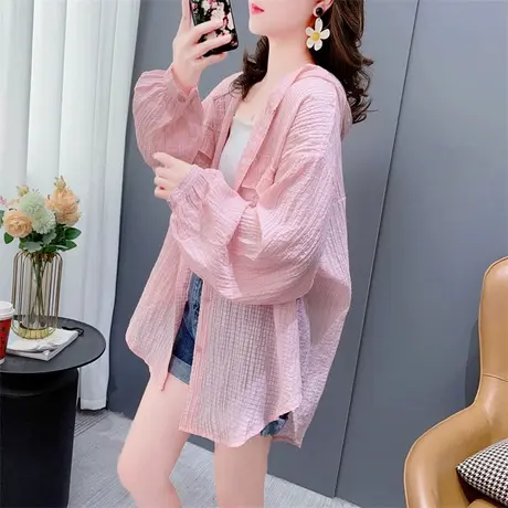 中长款连帽防晒衬衫女夏季2023年新款宽松休闲薄款纯色空调衫外套商品大图