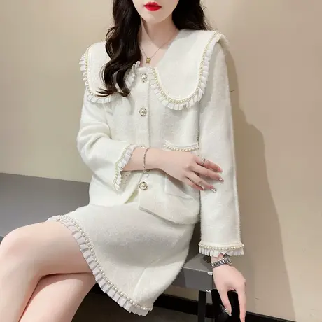 秋季新款2023小香风水貂绒针织开衫外套短裙两件套爆款毛衣套装商品大图