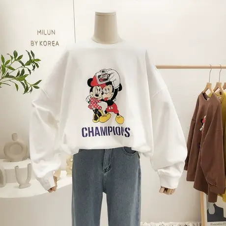 韩国东大门宽松大版T恤2022春款ins卡通中长款收口长袖欧货女显瘦商品大图