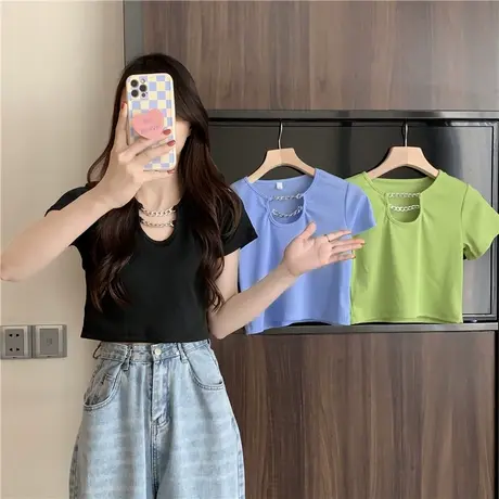 圆领T恤女夏季薄款纯欲甜辣妹紧身短款修身显瘦百搭短袖上衣ins潮商品大图