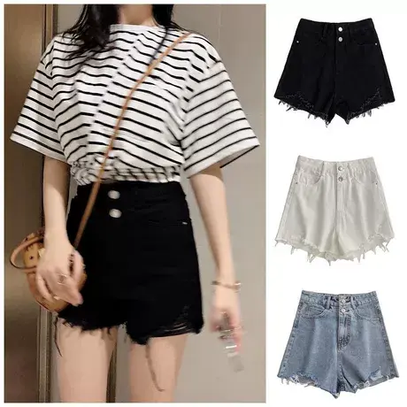 网红爆款毛边阔腿裤秋季热裤子高腰牛仔裤女2023年新款宽G松短裤商品大图