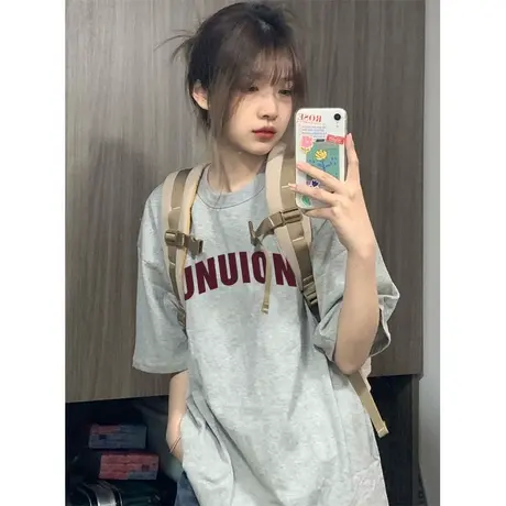 纯棉设计感美式复古短袖t恤女夏季新款小众宽松半袖简约百搭上衣商品大图