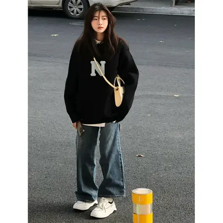 设计感圆领卫衣女秋冬加绒加厚ins潮牌小众宽松大码港味chic上衣图片