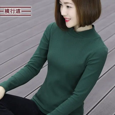 纯色半高领棉打底衫2023冬装新款大码纯棉长袖T恤女装套头上衣服商品大图