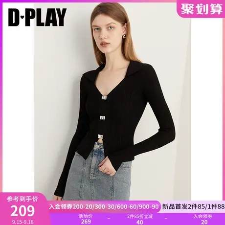 DPLAY2023秋法式设计感经典黑翻领镂空金属扣修身短款气质针织衫商品大图