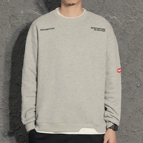 袖标港风潮流男生卫衣无帽2021新款潮牌春装假两件上衣外套春秋款商品大图