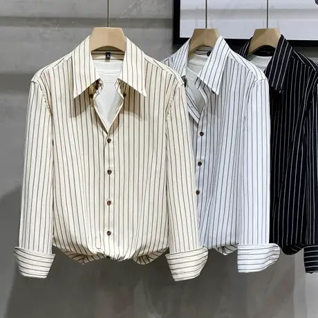 2023新款春装条纹衬衫男长袖韩版修身轻奢男款商务男士衬衣高级感商品大图