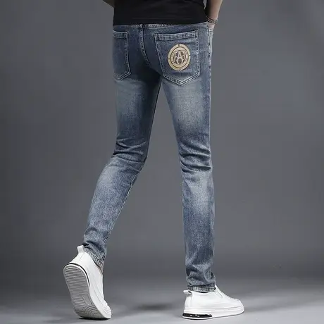 香港牛仔裤男款修身小脚2023夏季新款潮流百搭弹力男士牛仔裤蓝色商品大图