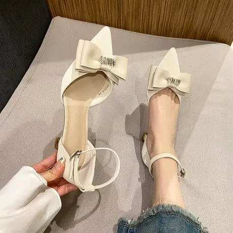 2023年夏季新款法式蝴蝶结气质纯色高跟鞋尖头细跟一字带扣搭单鞋商品大图