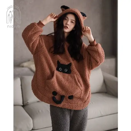 妮狄娅新款睡衣女士冬季珊瑚绒羊羔绒连帽卡通加绒保暖家居服套装商品大图