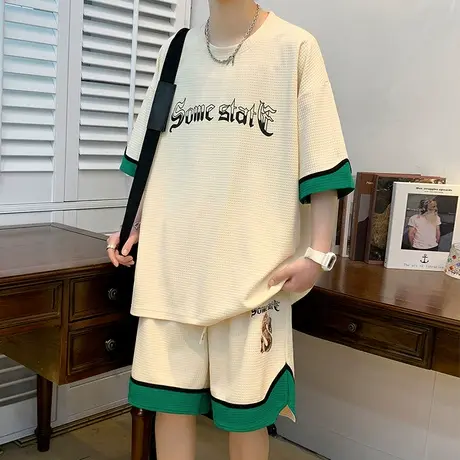 短袖t恤男青少年夏季潮牌华夫格学生衣服搭配帅气休闲运动一套装商品大图