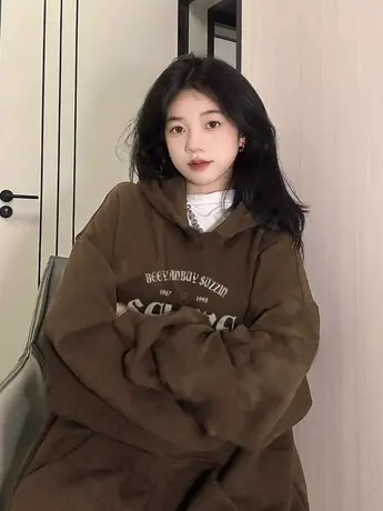 加绒加厚连帽卫衣女春秋款大码胖mm美拉德oversize长袖上衣200斤商品大图