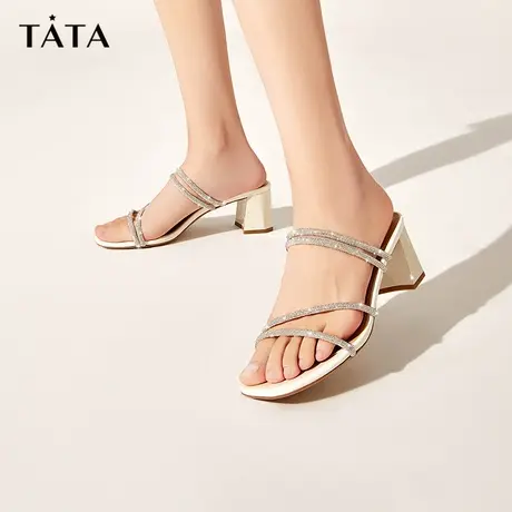 Tata他她白月光凉拖鞋一字带女外穿粗高跟凉鞋女2023夏新XBD01BL3图片