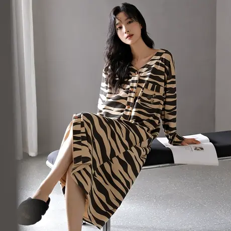 婷美纯棉睡裙女款春秋季睡衣长袖开衫中长款连衣裙女秋冬天家居服图片