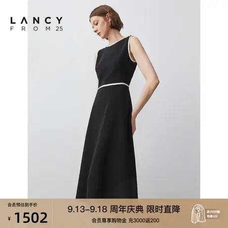 朗姿商场同款秋季新款黑色收腰高级连衣裙无袖通勤女装无袖长裙子商品大图