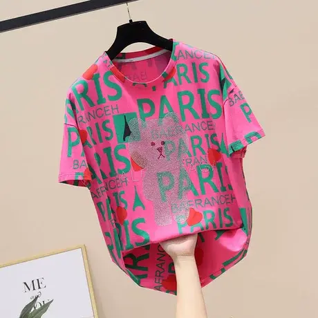 2023新款中长夏装欧货街头烫钻字母印花个性宽松大版薄款上衣T恤商品大图