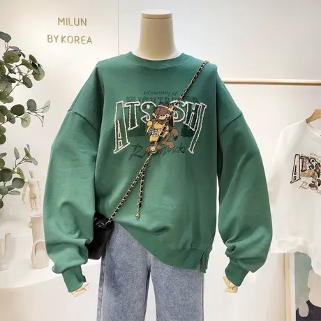 2021春装新款韩国东大门字母卡通印花圆领卫衣休闲减龄毛圈棉大码商品大图