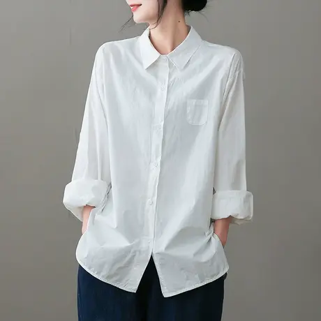 dza 复古纯棉白色长袖衬衫女士春秋宽松显瘦上衣内搭外穿翻领衬衣图片