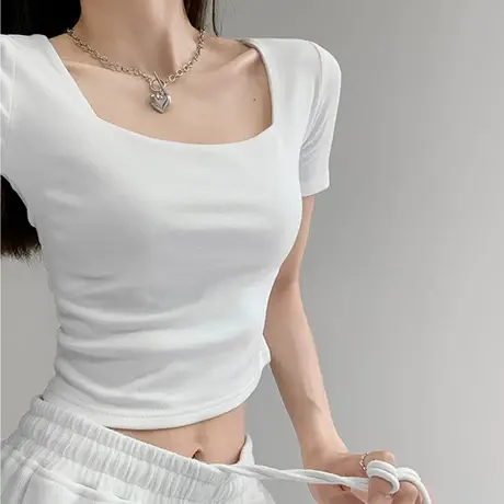 辣妹早秋新款夏季短款露脐正肩T恤纯色高级感设计感短袖上衣服女商品大图