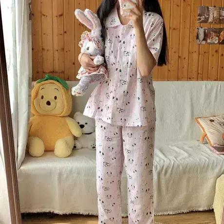 纯棉夏季套装粉糯米短裤睡衣短袖长裤纱布薄款女翻领家居服卡通商品大图