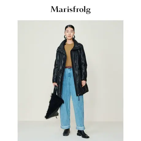 【泡芙刺绣羽绒服】玛丝菲尔冬季新款黑色修身刺绣高领白鹅羽绒服商品大图