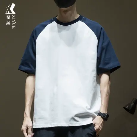 重磅纯棉短袖t恤男2025夏季新款男士美式拼接学生上衣大码男装ins商品大图