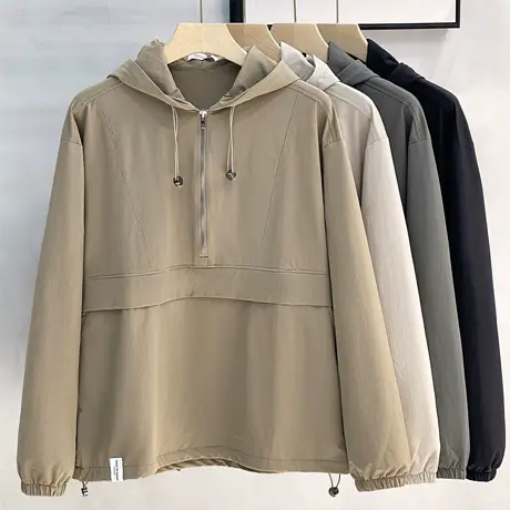 春秋季机能风纯色日系风衣宽松套头夹克男冲锋衣工装连帽外套潮流图片