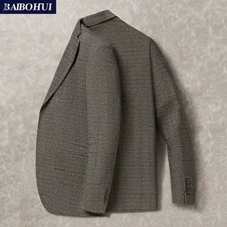秋冬新款休闲西装男士时尚外套中年格子羊毛呢西服上衣男修身单西图片