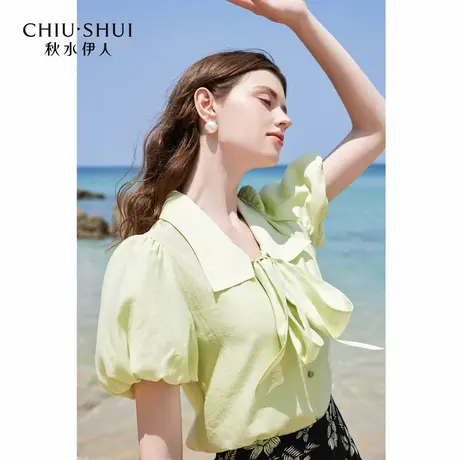 【晶晶姐妹专享】秋水伊人飘带领复古泡泡袖衬衫夏女气质甜美上衣图片