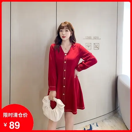2023秋装新款大码女装V领宽松收腰遮肚显瘦减龄长袖胖MM连衣裙图片