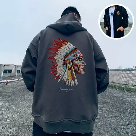 印第安人加肥加大码男装胖子卫衣宽松加绒开衫特大码外套连帽秋季图片