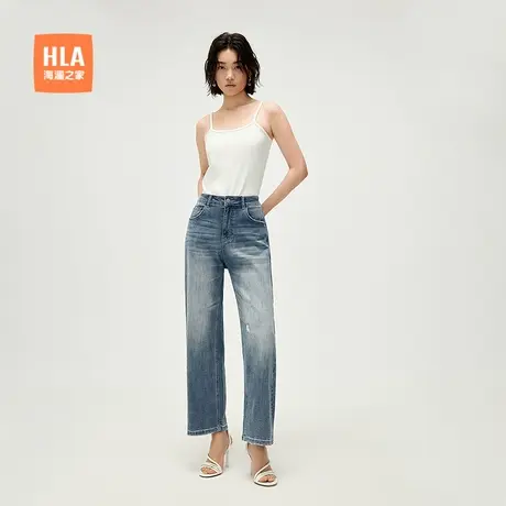 HLA/海澜之家直筒牛仔九分裤25春夏新微弹洗水工艺时髦破洞裤女装商品大图