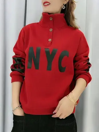 加绒加厚卫衣新款2023秋冬季韩版时尚百搭宽松立领三粒扣显瘦上衣商品大图