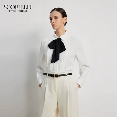 Scofield女装优雅撞色蝴蝶结风琴褶衬衫可拆卸飘带2025秋季新品商品大图