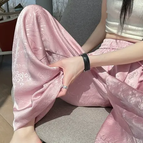 粉色缎面提花阔腿裤女夏季薄款高腰垂感新中式国风小个子拖地长裤商品大图