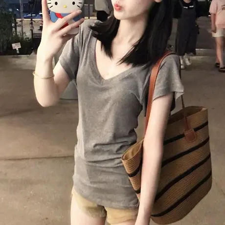 辣妹紧身收腰短袖T恤女夏季2025新款修身韩版V领正肩纯棉半袖上衣商品大图