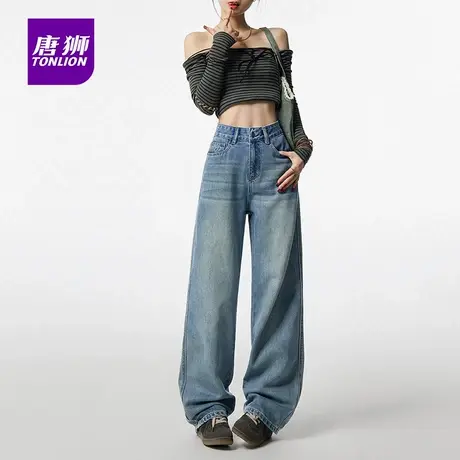 唐狮2025年秋洗水蓝爱心刺绣阔腿牛仔裤女宽松显瘦直筒裤子AX商品大图