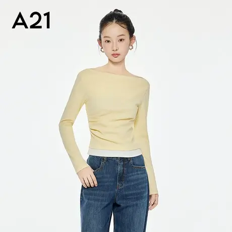 A21女装修身设计感假两件一字肩T恤上衣F453231003图片