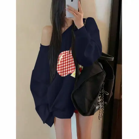 美式复古藏青色露肩卫衣女2025秋季新款苹果印花休闲宽松百搭上衣商品大图
