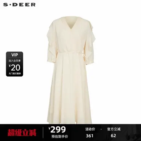 sdeer圣迪奥女装V领荷叶边收腰长袖连衣裙S233Z1288图片