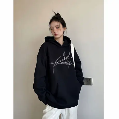连帽卫衣女早秋薄款潮牌设计感小众美式复古宽松慵懒风高级感上衣商品大图