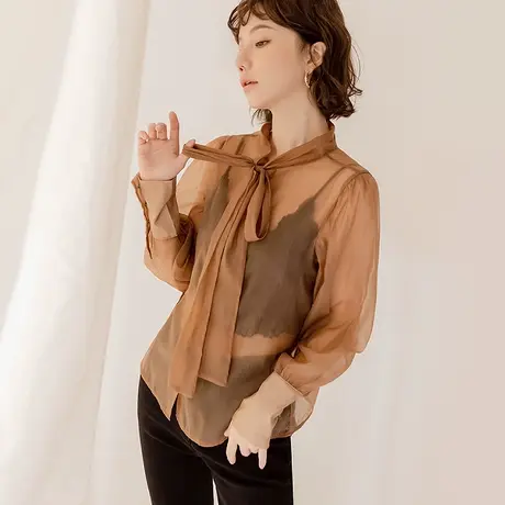 桔熊春秋季透视蝴蝶结绑结衬衫叠穿长袖上衣女胖妹妹大码AB17971商品大图