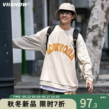 VIISHOW圆领卫衣男春秋潮牌ins日系宽松立体发泡字母印花情侣上衣商品大图