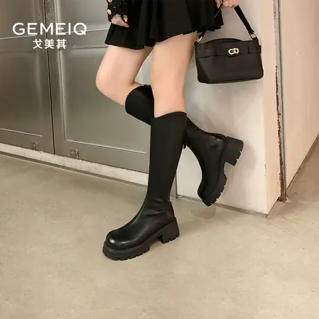 戈美其增高长筒靴女2025春季新款高筒靴v口不过膝厚底百搭骑士靴图片