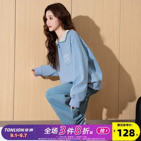 唐狮2025春季新款女polo短款撞色宽松显瘦长袖上衣蓝色爆款设计感图片